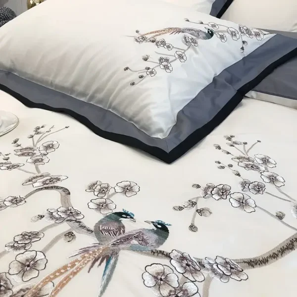 White Flower Bird Embroidered Egyptian Cotton Bedding Set